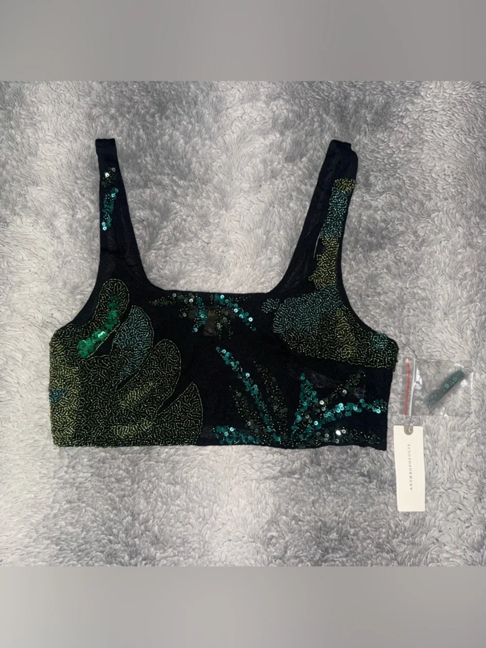 ANTHROPOLOGIE CELANDINE BEADED MESH CROP TOP IN BLACK - Picture 2 of 9